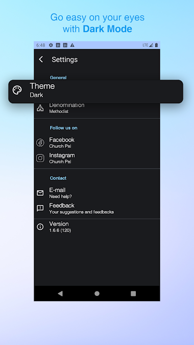 Dark mode setting in Church Pal app